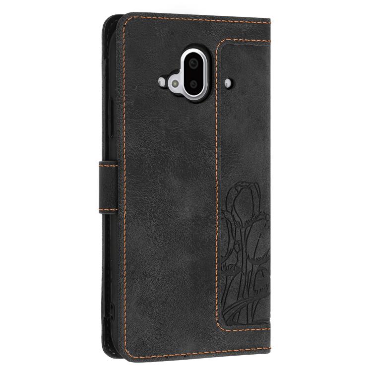 For Fujitsu Arrows F-52B Tulips Embossed Leather Phone Case with Lanyard