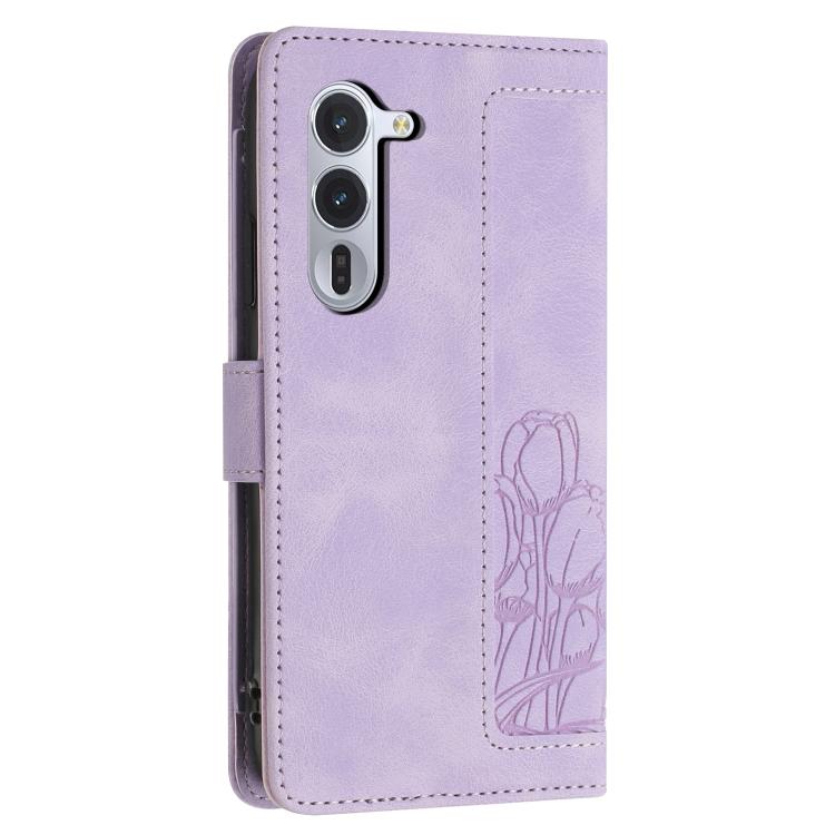 For Fujitsu Arrows Alpha F-51F Tulips Embossed Leather Phone Case with Lanyard