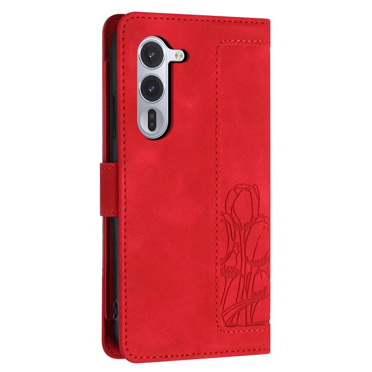 For Fujitsu Arrows Alpha F-51F Tulips Embossed Leather Phone Case with Lanyard