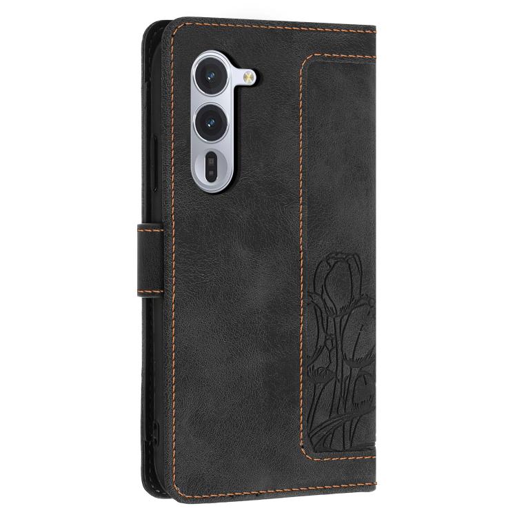 For Fujitsu Arrows Alpha F-51F Tulips Embossed Leather Phone Case with Lanyard
