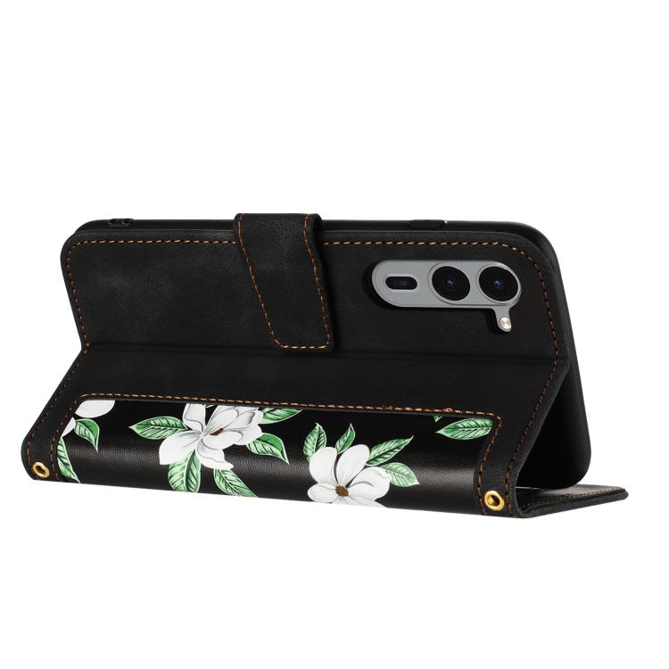 For Fujitsu Arrows We2 Plus Floral Pattern Leather Phone Case with Lanyard