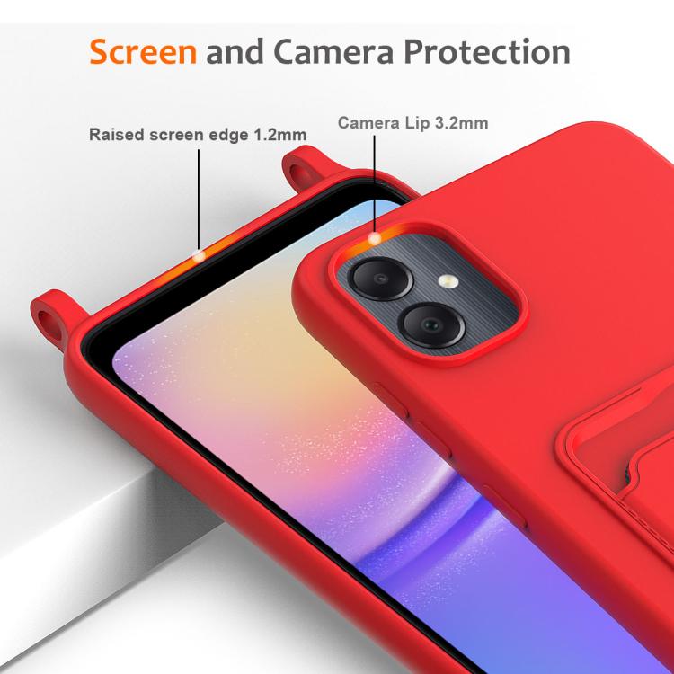 For Samsung Galaxy M05 / F05 Integrated Card Bag Solid Color Liquid Silicone Phone Case with Lanyard