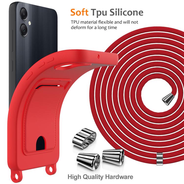 For Samsung Galaxy M05 / F05 Integrated Card Bag Solid Color Liquid Silicone Phone Case with Lanyard