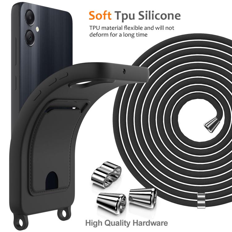 For Samsung Galaxy M05 / F05 Integrated Card Bag Solid Color Liquid Silicone Phone Case with Lanyard