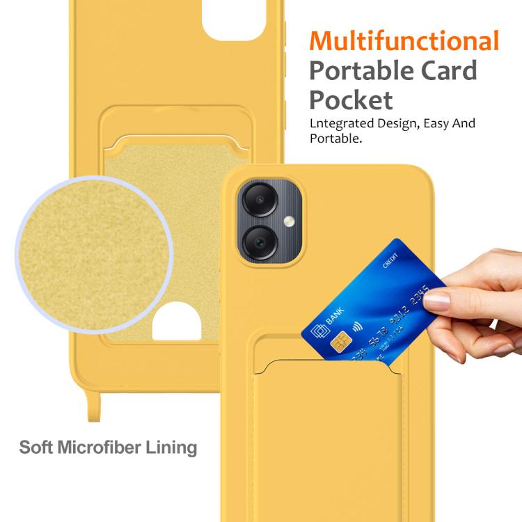For Samsung Galaxy M05 / F05 Integrated Card Bag Solid Color Liquid Silicone Phone Case with Lanyard