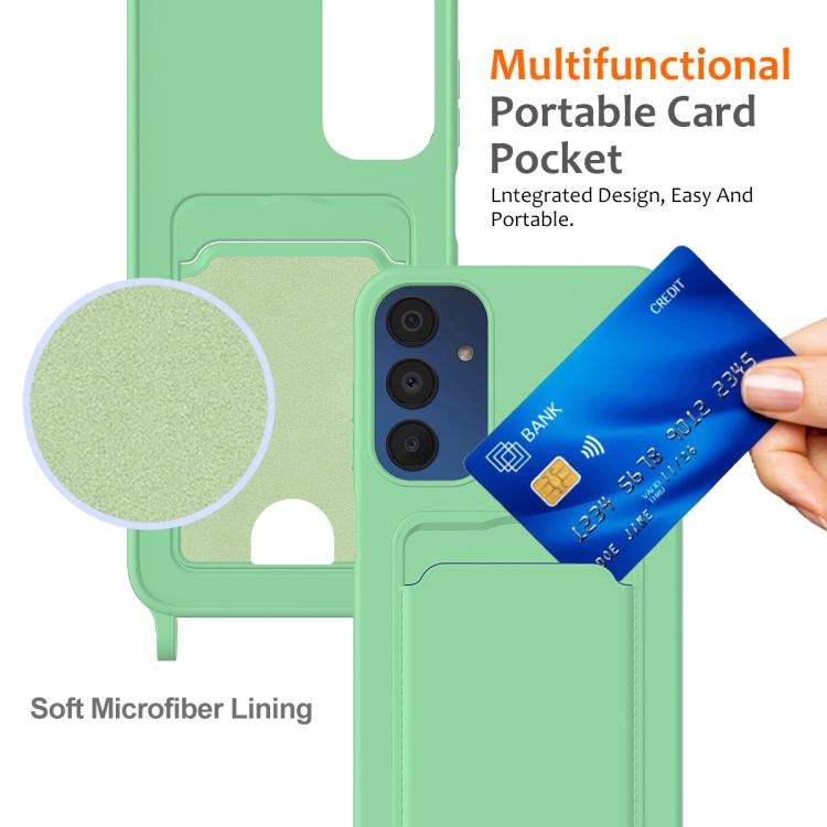 For Samsung Galaxy M14 4G Integrated Card Bag Solid Color Liquid Silicone Phone Case with Lanyard