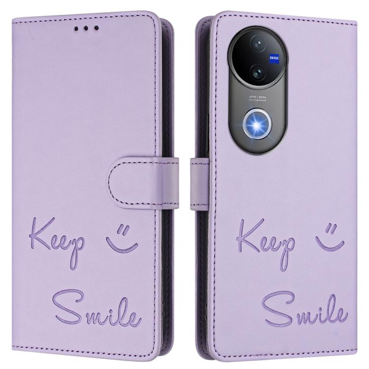 For vivo V50 5G Global Smile Embossing RFID Leather Phone Case