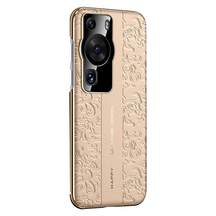 For Huawei P60 Pro Cloud Dragon Pattern Plain Leather PC Phone Case