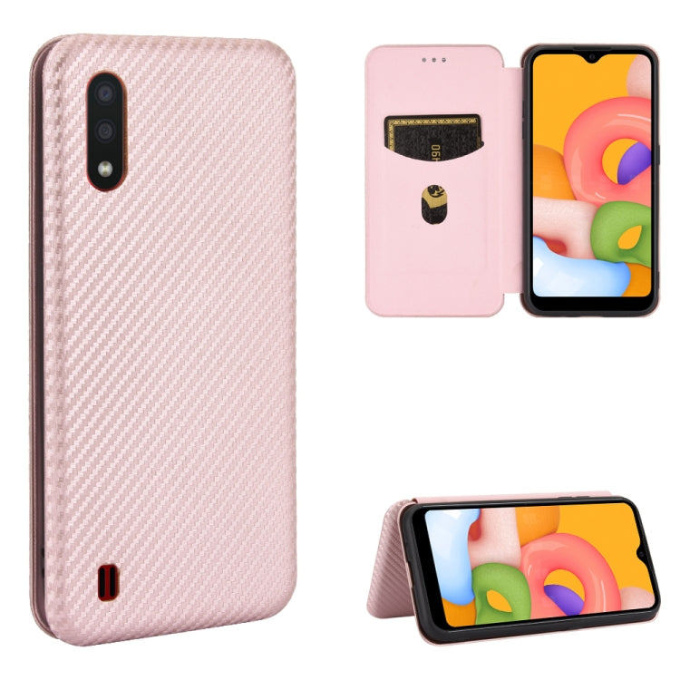 For Samsung Galaxy A01 Carbon Fiber Texture Horizontal Flip TPU + PC + PU Leather Case with Rope & Card Slot