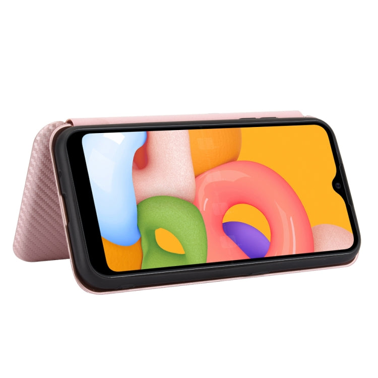 For Samsung Galaxy A01 Carbon Fiber Texture Horizontal Flip TPU + PC + PU Leather Case with Rope & Card Slot