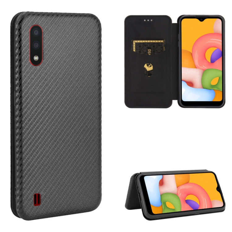 For Samsung Galaxy A01 Carbon Fiber Texture Horizontal Flip TPU + PC + PU Leather Case with Rope & Card Slot