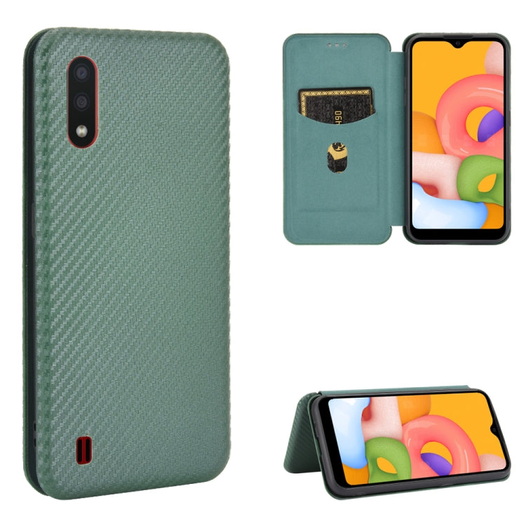 For Samsung Galaxy A01 Carbon Fiber Texture Horizontal Flip TPU + PC + PU Leather Case with Rope & Card Slot