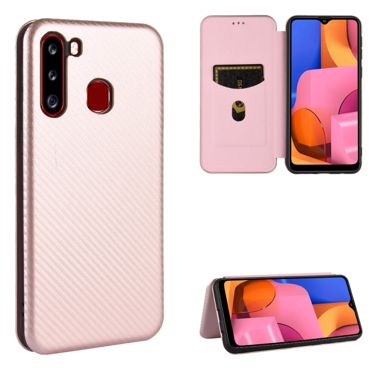For Samsung Galaxy A21(Eurasian Version) Carbon Fiber Texture Horizontal Flip TPU + PC + PU Leather Case with Rope & Card Slot