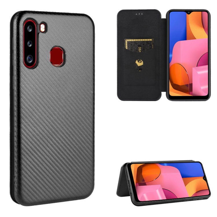 For Samsung Galaxy A21(Eurasian Version) Carbon Fiber Texture Horizontal Flip TPU + PC + PU Leather Case with Rope & Card Slot