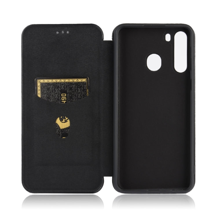 For Samsung Galaxy A21(Eurasian Version) Carbon Fiber Texture Horizontal Flip TPU + PC + PU Leather Case with Rope & Card Slot