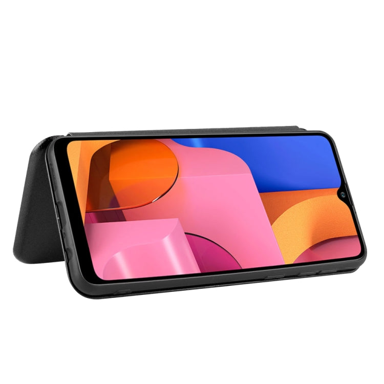 For Samsung Galaxy A21(Eurasian Version) Carbon Fiber Texture Horizontal Flip TPU + PC + PU Leather Case with Rope & Card Slot