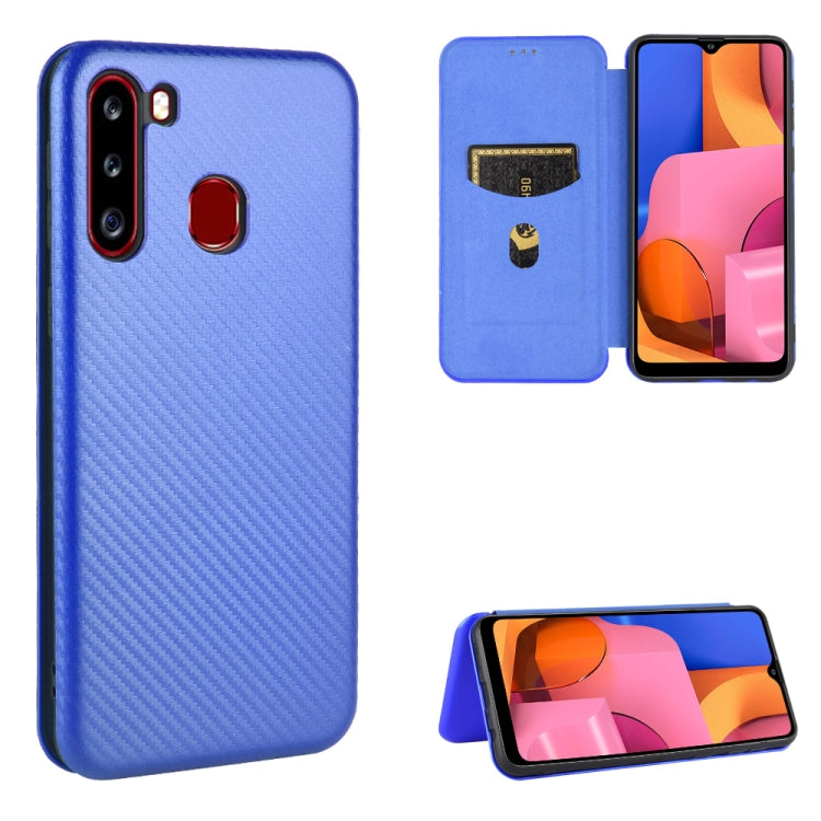 For Samsung Galaxy A21(Eurasian Version) Carbon Fiber Texture Horizontal Flip TPU + PC + PU Leather Case with Rope & Card Slot
