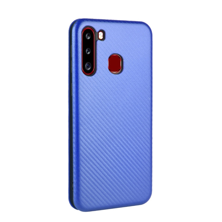For Samsung Galaxy A21(Eurasian Version) Carbon Fiber Texture Horizontal Flip TPU + PC + PU Leather Case with Rope & Card Slot