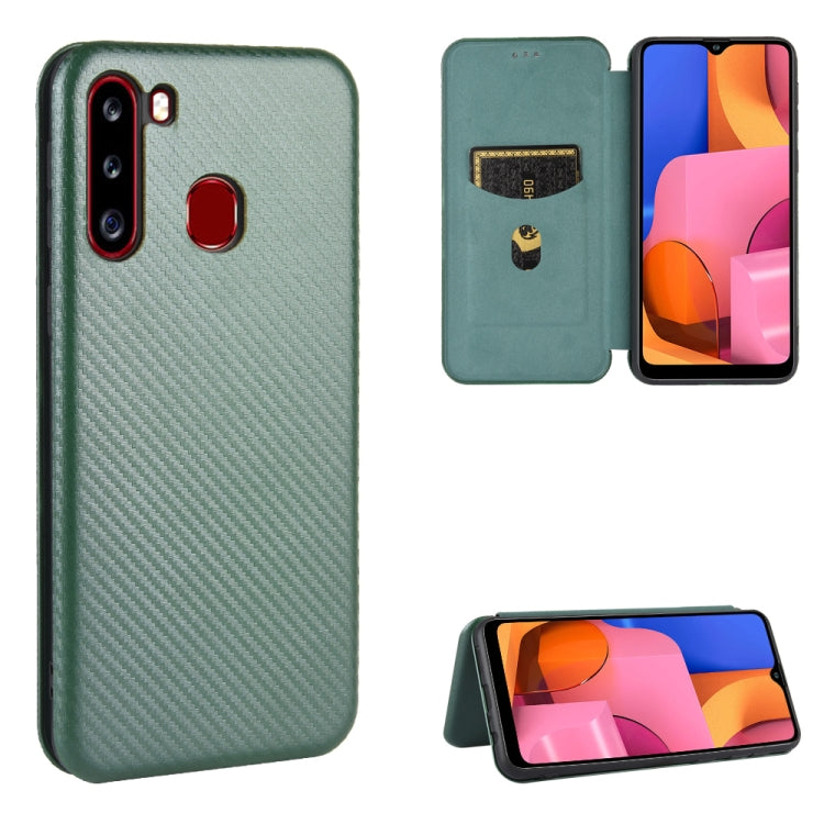 For Samsung Galaxy A21(Eurasian Version) Carbon Fiber Texture Horizontal Flip TPU + PC + PU Leather Case with Rope & Card Slot