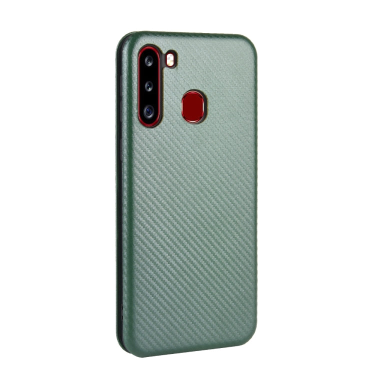 For Samsung Galaxy A21(Eurasian Version) Carbon Fiber Texture Horizontal Flip TPU + PC + PU Leather Case with Rope & Card Slot