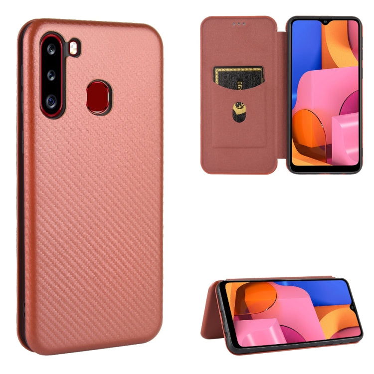 For Samsung Galaxy A21(Eurasian Version) Carbon Fiber Texture Horizontal Flip TPU + PC + PU Leather Case with Rope & Card Slot