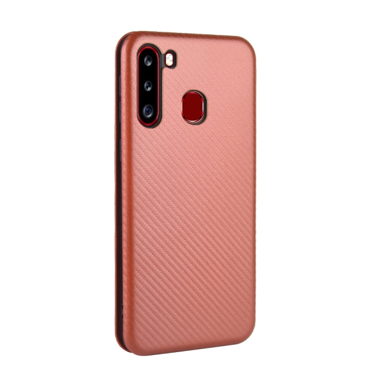 For Samsung Galaxy A21(Eurasian Version) Carbon Fiber Texture Horizontal Flip TPU + PC + PU Leather Case with Rope & Card Slot