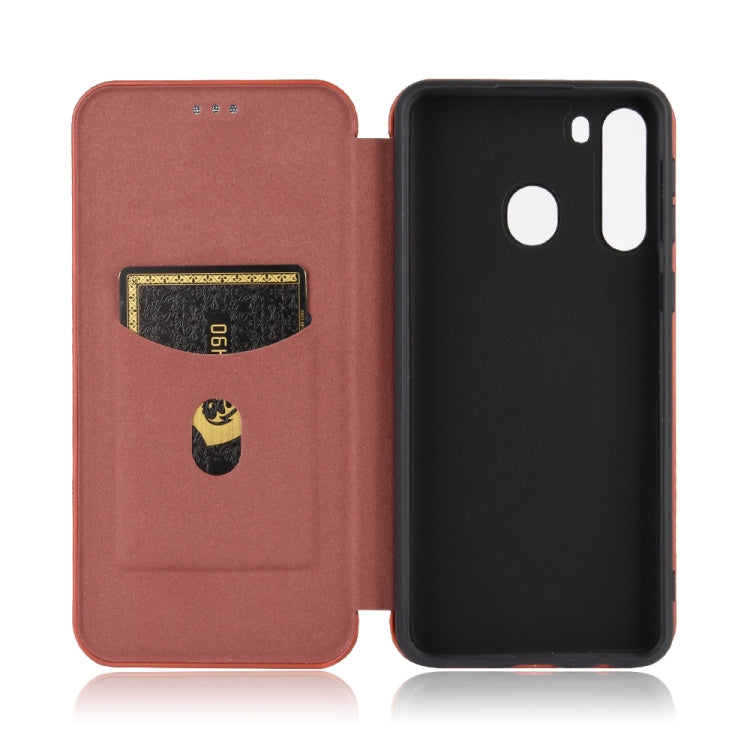For Samsung Galaxy A21(Eurasian Version) Carbon Fiber Texture Horizontal Flip TPU + PC + PU Leather Case with Rope & Card Slot