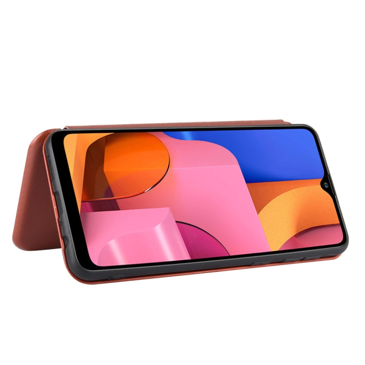 For Samsung Galaxy A21(Eurasian Version) Carbon Fiber Texture Horizontal Flip TPU + PC + PU Leather Case with Rope & Card Slot