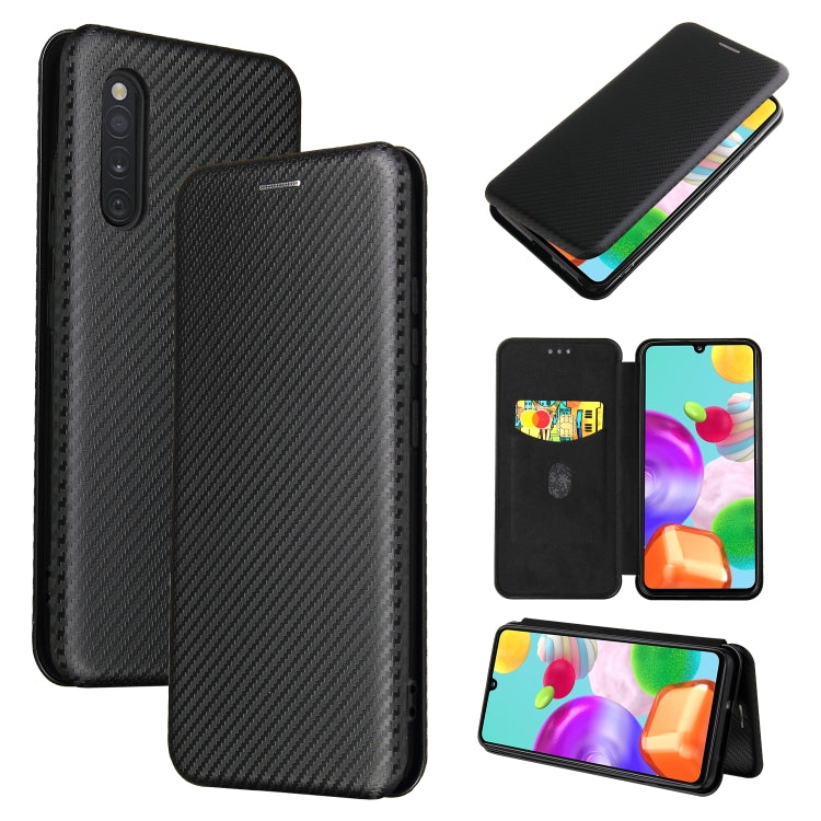 For Samsung Galaxy A41(JP Version) Carbon Fiber Texture Horizontal Flip TPU + PC + PU Leather Case with Rope & Card Slot