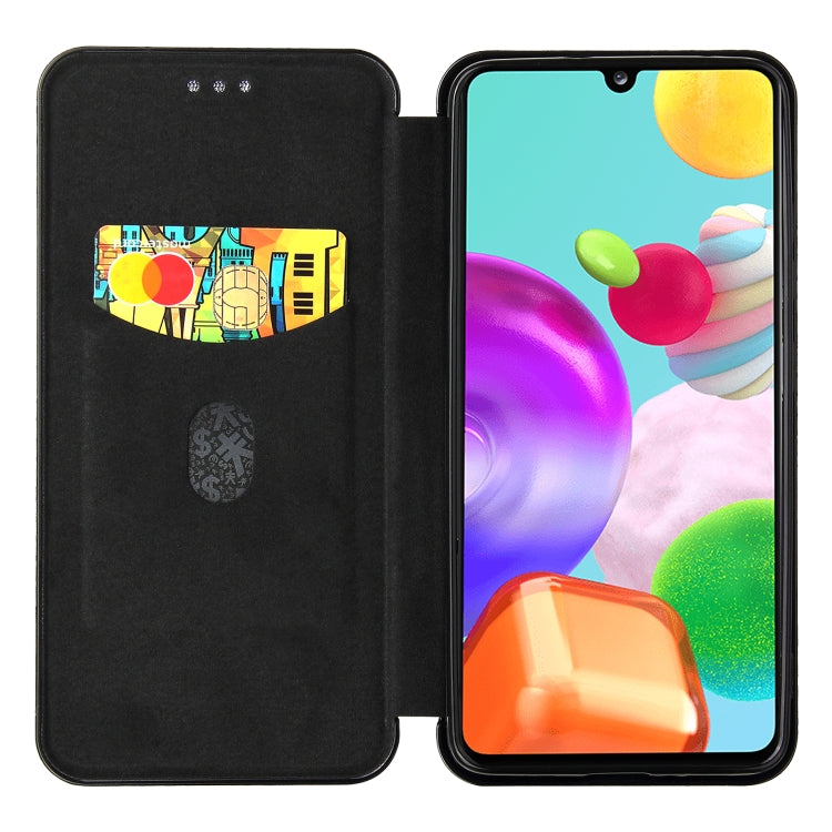 For Samsung Galaxy A41(JP Version) Carbon Fiber Texture Horizontal Flip TPU + PC + PU Leather Case with Rope & Card Slot