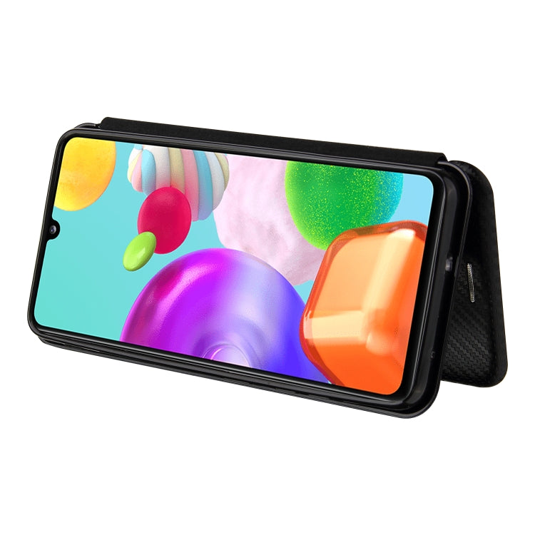 For Samsung Galaxy A41(JP Version) Carbon Fiber Texture Horizontal Flip TPU + PC + PU Leather Case with Rope & Card Slot