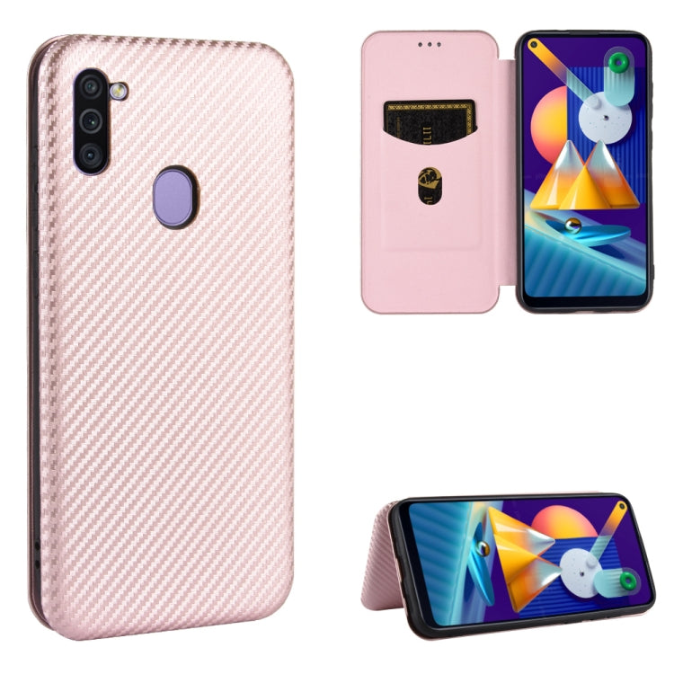 For Samsung Galaxy M11 Carbon Fiber Texture Horizontal Flip TPU + PC + PU Leather Case with Rope & Card Slot