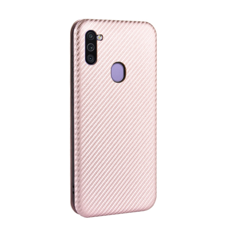 For Samsung Galaxy M11 Carbon Fiber Texture Horizontal Flip TPU + PC + PU Leather Case with Rope & Card Slot