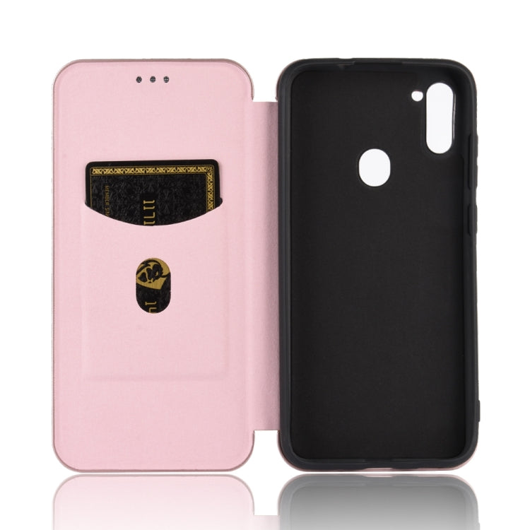 For Samsung Galaxy M11 Carbon Fiber Texture Horizontal Flip TPU + PC + PU Leather Case with Rope & Card Slot