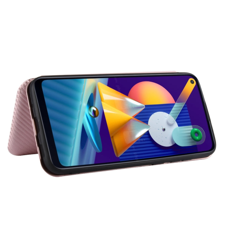 For Samsung Galaxy M11 Carbon Fiber Texture Horizontal Flip TPU + PC + PU Leather Case with Rope & Card Slot