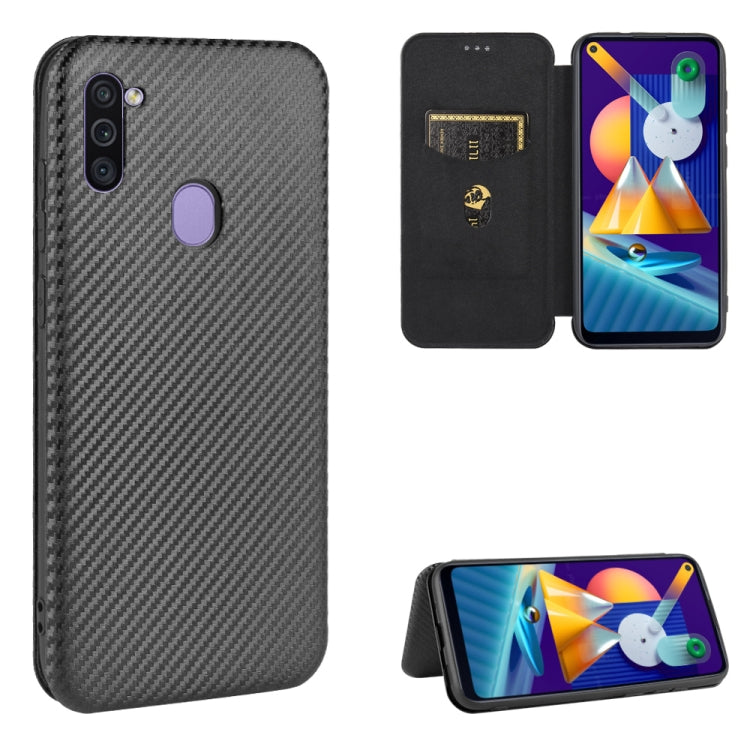 For Samsung Galaxy M11 Carbon Fiber Texture Horizontal Flip TPU + PC + PU Leather Case with Rope & Card Slot