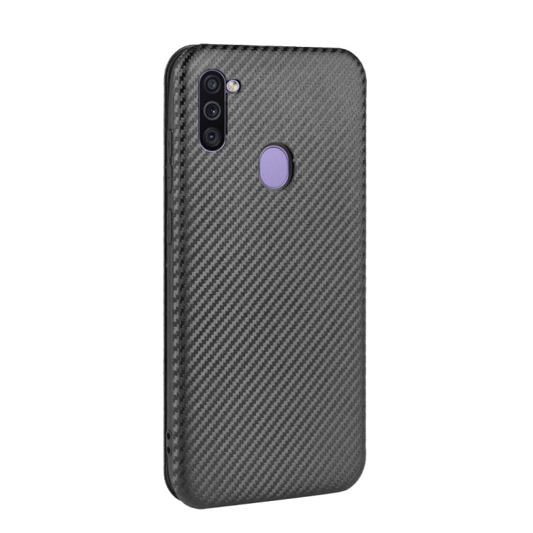 For Samsung Galaxy M11 Carbon Fiber Texture Horizontal Flip TPU + PC + PU Leather Case with Rope & Card Slot