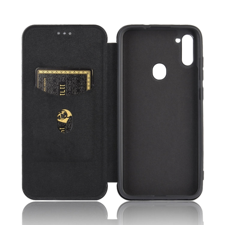 For Samsung Galaxy M11 Carbon Fiber Texture Horizontal Flip TPU + PC + PU Leather Case with Rope & Card Slot