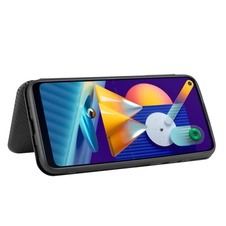 For Samsung Galaxy M11 Carbon Fiber Texture Horizontal Flip TPU + PC + PU Leather Case with Rope & Card Slot