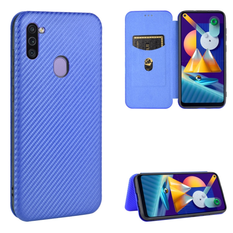 For Samsung Galaxy M11 Carbon Fiber Texture Horizontal Flip TPU + PC + PU Leather Case with Rope & Card Slot