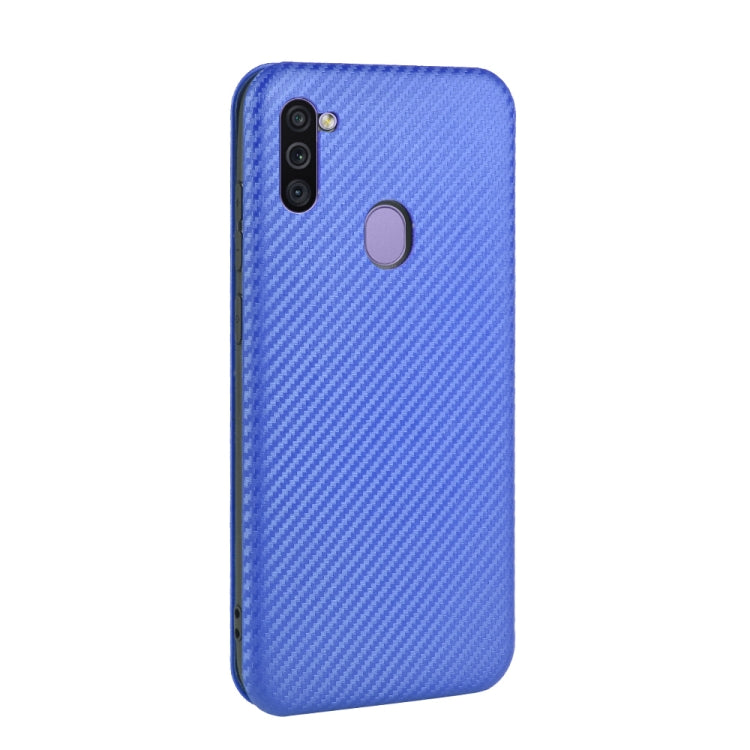 For Samsung Galaxy M11 Carbon Fiber Texture Horizontal Flip TPU + PC + PU Leather Case with Rope & Card Slot