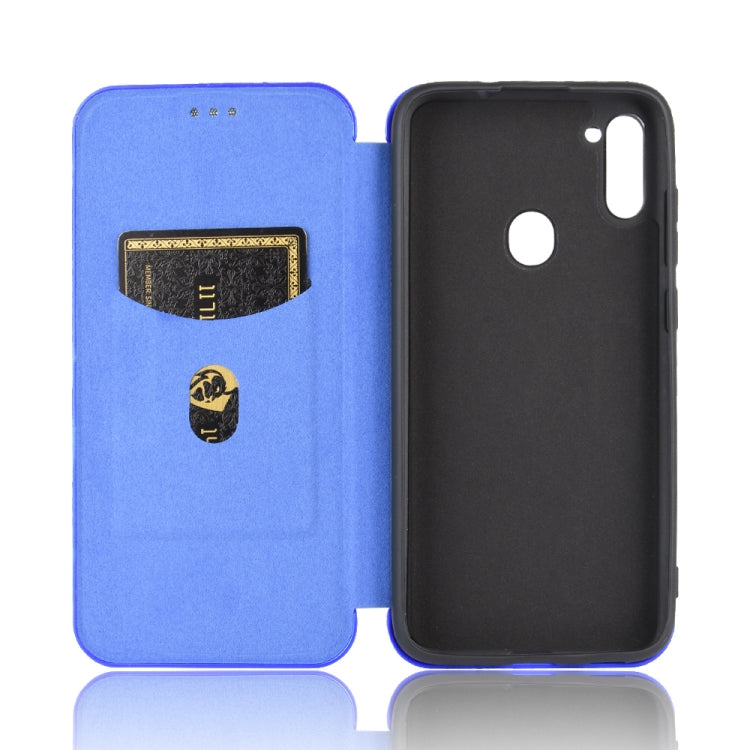 For Samsung Galaxy M11 Carbon Fiber Texture Horizontal Flip TPU + PC + PU Leather Case with Rope & Card Slot