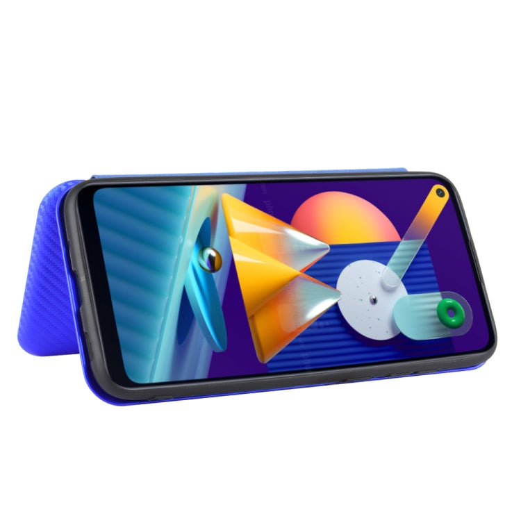 For Samsung Galaxy M11 Carbon Fiber Texture Horizontal Flip TPU + PC + PU Leather Case with Rope & Card Slot