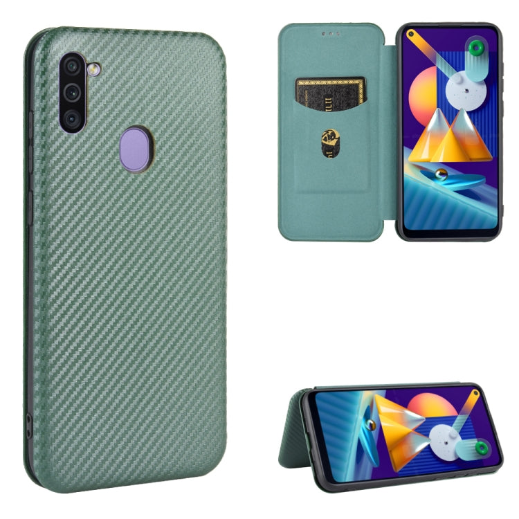 For Samsung Galaxy M11 Carbon Fiber Texture Horizontal Flip TPU + PC + PU Leather Case with Rope & Card Slot