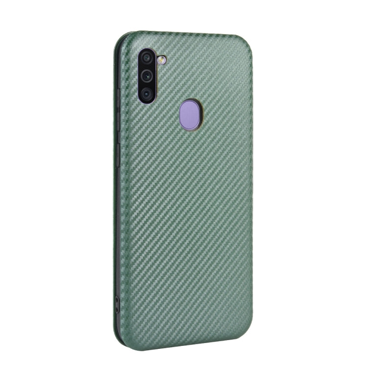 For Samsung Galaxy M11 Carbon Fiber Texture Horizontal Flip TPU + PC + PU Leather Case with Rope & Card Slot