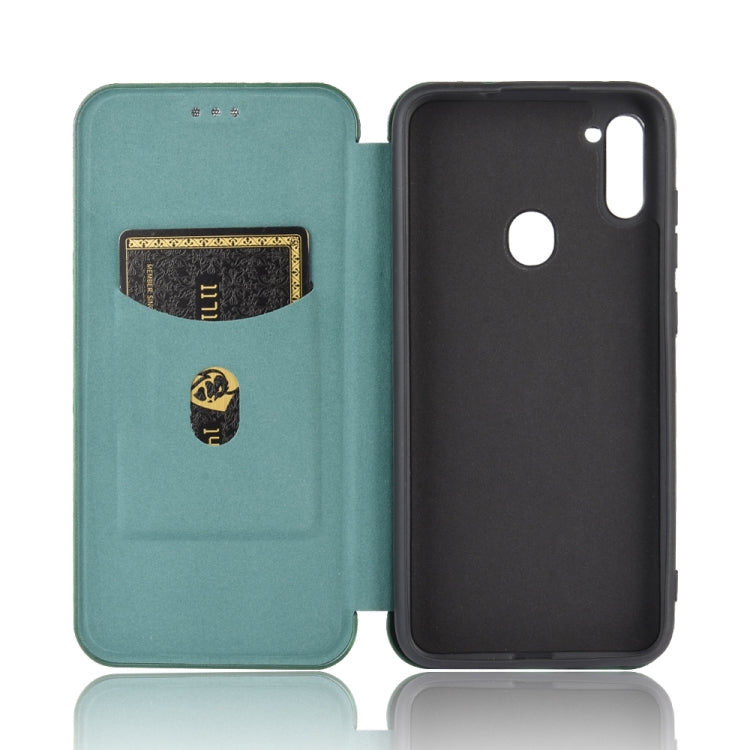 For Samsung Galaxy M11 Carbon Fiber Texture Horizontal Flip TPU + PC + PU Leather Case with Rope & Card Slot