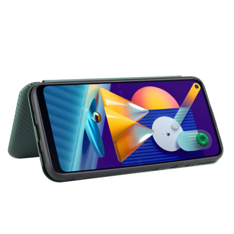 For Samsung Galaxy M11 Carbon Fiber Texture Horizontal Flip TPU + PC + PU Leather Case with Rope & Card Slot