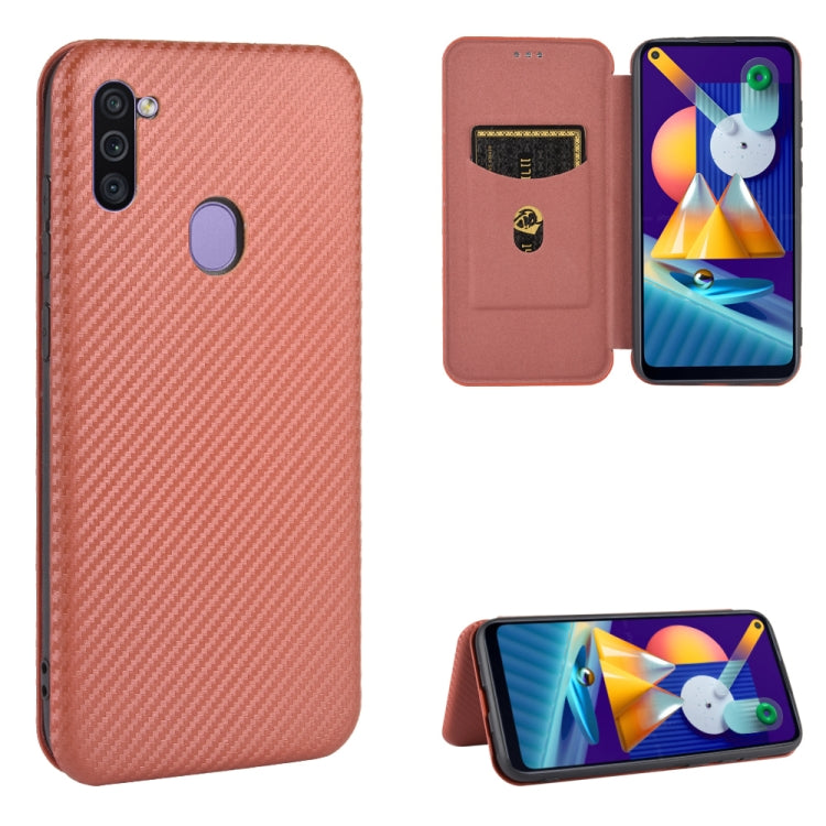 For Samsung Galaxy M11 Carbon Fiber Texture Horizontal Flip TPU + PC + PU Leather Case with Rope & Card Slot