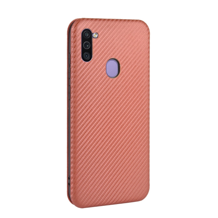 For Samsung Galaxy M11 Carbon Fiber Texture Horizontal Flip TPU + PC + PU Leather Case with Rope & Card Slot