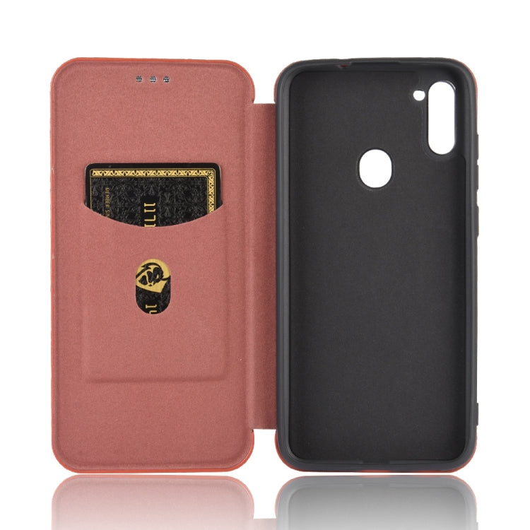 For Samsung Galaxy M11 Carbon Fiber Texture Horizontal Flip TPU + PC + PU Leather Case with Rope & Card Slot